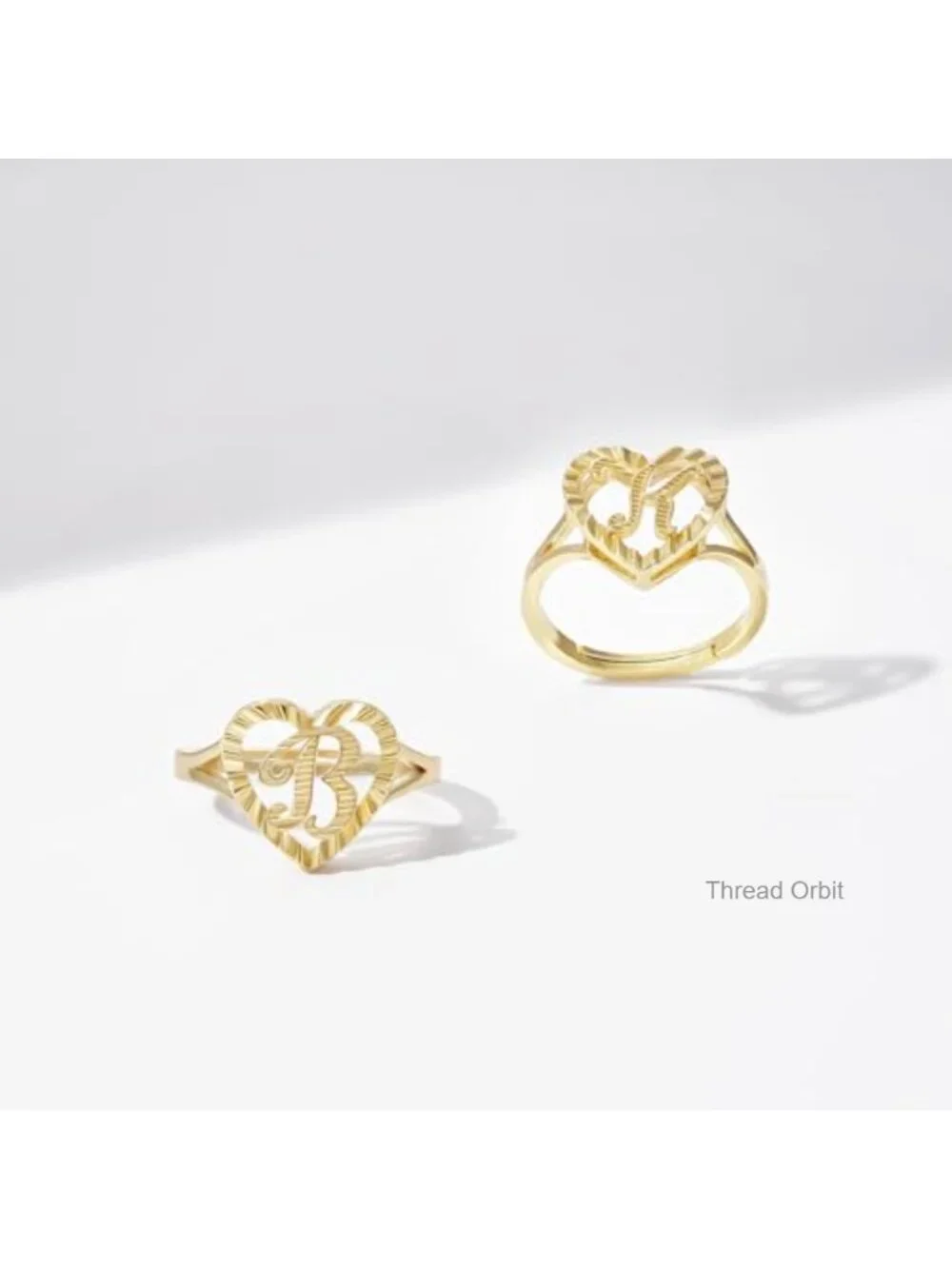 14K Gold Plated Heart Initial Ring - Adjustable Vintage Statement Ring
